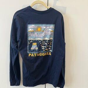 Patagonia Blue Long Sleeve Tee with Back Design (Size Small)
